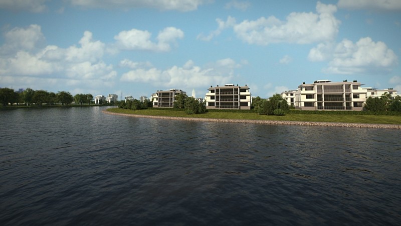 визуализация 3-этажных многоквартирных домов в пойме реки  Сатис